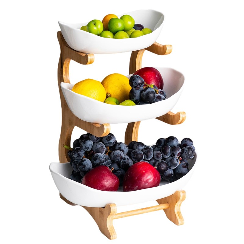 YYW 3 Tier Fruit Basket, White Ceramic Fruit Bowl for