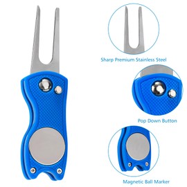 Metal Foldable Golf Divot Repair Tool with Pop-up Button, Magnetic Durable Golf Ball Marker (Blue)