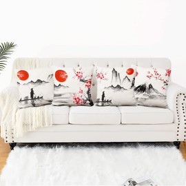 Aoihrraan 24 x 24 Inch Japanese Style Cushion Covers Red Sun Black And White Landscape Mount Fuji Square Linen Decorative Throw Pillow Covers Japan Tavern Pillowcases Sofa Tatami, 61x61cm Set of 4