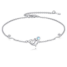 VONALA Bracelet 925 Sterling Silver Shell/Dolphin/Turtle/Star/Butterfly Mermaid/Cat/Star And Moon/Clover/Heart Ocean Beach Bracelet Opal Moonstone Jewellery Gifts for Women (C-Dolphin)
