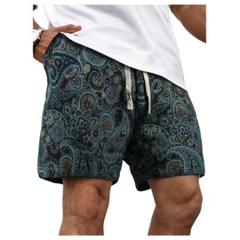 Verdusa Men's Boho Paisley Summer Vacation Shorts Drawstring Waist Casual Shorts with Pockets Green Medium