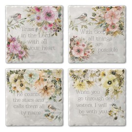 Thirstystone Sunny Scriptures Multi-Image Absorbent Stone Tumbled Tile Coaster 4 Pack with Protective Cork Backing Manufactured in The USA