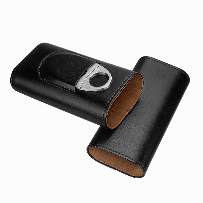 3-Finger Leather Cigar Case with Cutter Cedar Wood Lined Cigar