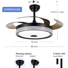 48 inch Ceiling Fan with Lights and Remote Control, 6Speed Dimmable Fandelier, Smart Modern Retractable Ceiling Fan Light with Bluetooth Speaker, RGB Color Reversible Bedroom Living Room Black