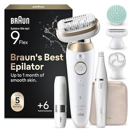 Braun Silk-epil 9 Flex SkinSpa Epilator, 360° Flexible Head, Wet & Dry, Includes FaceSpa Epilator and Mini Face Hair Remover, 9-681 3D, Gold
