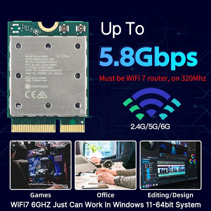 WiFi 7 QCNCM865 M.2 Key E WiFi Card BT5.3 Tri-Band