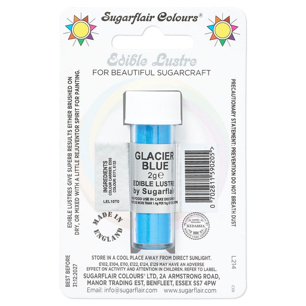 Sugarflair Glacier Blue Edible Lustre Dust, Add a Lustrous Shine to Cakes or Decorations. Brush On or Add Rejuvenator to Create Eye-Catching Edible Paint, Gives Shine to Your Bakes - 2g