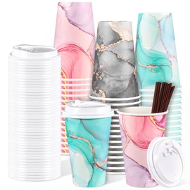 90 Pack 16 oz Marble Paper Coffee Cups Marble Disposable Paper Coffee Cup with Lids and Stirrers Hot/Cold Beverage Drinking Cup for Water Juice Coffee or Tea Suitable for Home Shops and Cafes