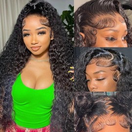13x6 Deep Wave Lace Front Wigs Human Hair Wigs for Women 200% Density HD Transparent Deep Curly Lace Frontal Wigs Human Hair Pre Plucked with Baby Hair Natural Color(Natural Black Color, 26 inches)