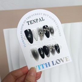 TENPAL Gothic Press on Nails Medium Almond,Black 3D Star Bow Rhinestones False Nails, Edgy Silver Vintage Fake Nails for Party Vacation, Reusable Stick on Nails Full Kit 24Pcs Gothic Star Nails