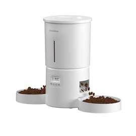 DomoMayli Automatic Dual Cats Feeder for 2 Cats,6 Meals/Day,12 Portions/Meal,Dual Power Auto Pet Feeder Dry Food Dispenser,Flexible Schedule Timer 10S Voice Record (White, ABS Dual Bowls)