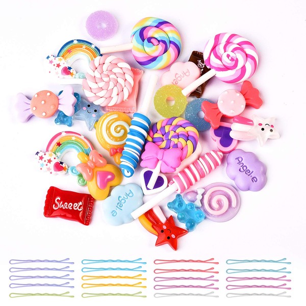 Mixed Slime Charms with Hair Bobby Pins, Kawaii Candy Sweets Lollipop Assorted Flatback Resin Embellishments Supplies for DIY Crafts Scrapbooking Hair Clip Decorations