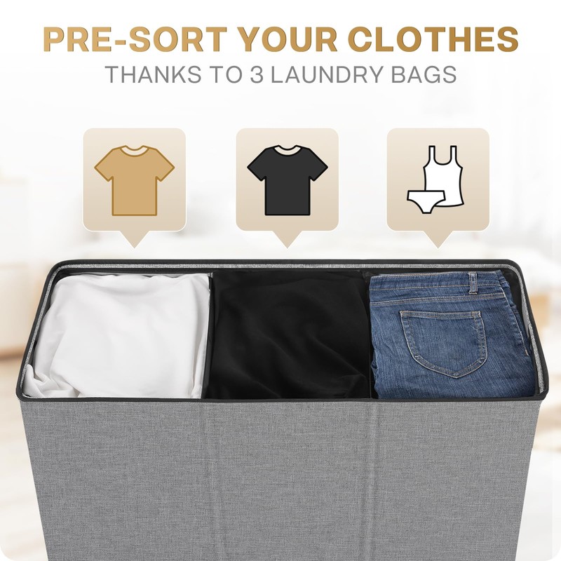 SOLEDI 180L Laundry Hamper 3 Section, Extra Large Laundry Hamper