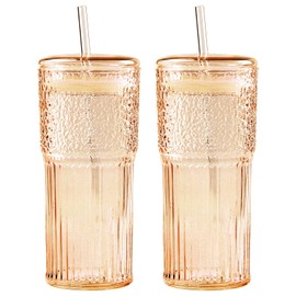 GOSCHE Glass Cups with Straws and Lids 2 Pack, 20oz Drinking Jar Glass Iced Coffee Cups Set, Vintage Ripple Glassware Smoothie Cups for Water Coffee Tea, Amber