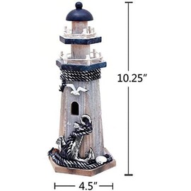 Linfevisi Nautical Decoration Handmade Wooden Lighthouse with Anchor&Seabird Marine Ornament Wooden Lighthouse 10.25" High Tabletop Decor