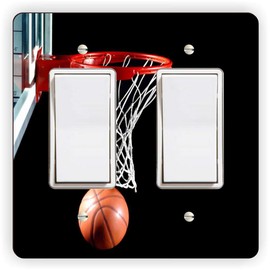 BasketBall Hoop with Basketball on Black -Light Switch Plate Cover - Double GFI Double Rocker - Two Gang Switch Plate Cover Switch Plate Cover