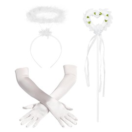 Sprinlot Sprinlot Weiß Handschuhe Damen, Satin Handschuhe Lang, Weiß Engel Handschuhe Haarreif Zauberstab, 1920er Jahre Kostüm Zubehör Damen, Accessoire Handschuhe Karneval Fasching Party Cosplay