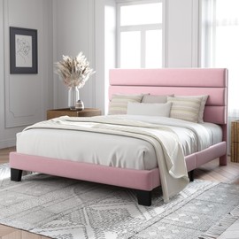 Allewie Full Size Platform Bed Frame with Velvet Upholstered Headboard and Wooden Slats Support, Fully Upholstered Mattress Foundation/No Box Spring Needed/Easy Assembly, Pink