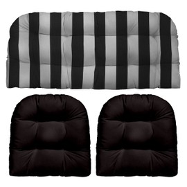 RSH DECOR: 3-Piece Wicker Tufted Cushion Set | 41” x 19" & 19" x 19" | All-Weather Spun Fabric | Water & Fade-Resistant | Outdoor Loveseat & U-Shape Cushions | Black & White Stripe + Solid Black