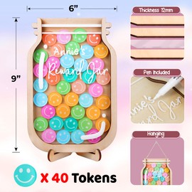 Medium 9" DIY Name 40 Tokens Smiley Face Magnetic Reward Jar for Classroom Kids Potty Training Chore Chart Toddler Boys Girls Good Behavior Management Tools Back to School Gifts Decor RWJ-03-SMILEY-M