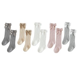 PythJooh 2/5Pairs Baby Girl Knee High Knit Socks Kid White Crochet Openwork Stocking Socks with Bow 0-5Years