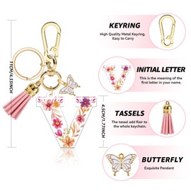 Vadaka Alphabet Initial Letter Keyring Tassel Butterfly Keyring for Wallet Backpack Handbags Initial Key Chain for Women(V