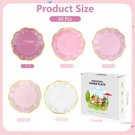 Kochorie 60 PCS Dusty Pink Scalloped Party Plates, 7 Inch Gradient Pink Dessert Plate, Disposable Gold Foil Border Paper Plates for Birthday Bridal Baby Shower Wedding Party Supplies