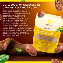 Enerhealth Botanicals Cocoa Mojo – Certified Organic Hot Chocolate Peruvian Cocoa Mix, Sweetened with Low Glycemic Coconut Palm Sugar and Infused with 6 Mushroom Extracts to Boost Immunity – 12 oz
