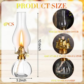 4 Pcs Large Oil Lamps for Indoor Use Vintage Glass Kerosene Lantern Clear Kerosene Lamp Chamber Hurricane Antique Oil Lantern with Adjustable Fire Wick for Home Lighting Tabletop Decor, 11 Inch