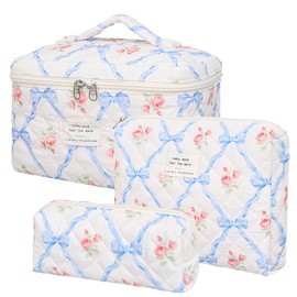 SXS LACONIC Large Makeup Bag,Quilted Makeup Bag Set,Cotton Coquette Aesthetic Floral Makeup Pouch for Women, Travel Cute Soften Cosmetics Bag Organizers for Girls
