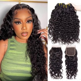 Water Wave Human Hair Bundles with Closure Human Hair Bundles Curly Weave Bundles Human Hair Bundles with Closure 3 Bundles Human Hair with 4x4 Lace Closure 10 12 14 + 10 inches