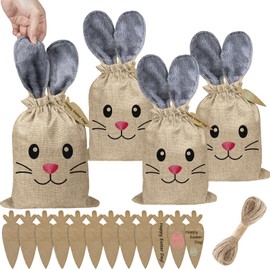 12 Set Easter Bunny Bags with Drawstring Easter Burlap Bags 8 x 10 Inch Cute Furry Rabbit Ears Design Cookies Chocolate Bunny Party Favors Candy Egg Hunts for Holiday Gift Giving (Gray)