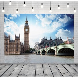 CORFOTO Fabric 7x5ft London Backdrop Photography Thames London Bridge Elizabeth Tower British Landmark City Scenery Picture for Travel Honeymoon Vacation Party Wedding Photo Background Props