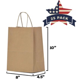 Qutuus Qutuus Kraft Paper Gift Bags with Handles 8x4.5x10 25Pcs Brown Gift Bags Bulk Medium Size Small Business Bags, Party Bags, Retail Kraft Shopping Bags