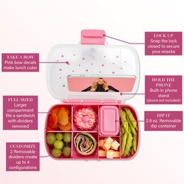 Paris Hilton 2-Pack Bento Style Snack Boxes, 7-Compartment Lunch Containers with Built-in Phone Stand, Removable Dividers and Dip Containers, Pink Heart Print