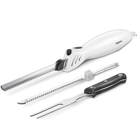 Reemix Electric Knife, Z3042 Electric Knife Set for Carving Meats, Poultry, Bread, Crafting Foam & More, 2 Blades for Meats & Bread, Fork Included (White)