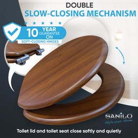 SANILO Wooden Toilet Seat with Soft Close [ROUND] - Decorative, Quiet & Slow Close Molded Wood Seat - With Strong Bumpers & Hinges - Adjustable Fit – Mahogany