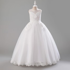 IDOPIP Flower Girl Lace Dress for Kids Wedding Bridesmaid Pageant Party Formal Long Maxi Gown Big Little Princess First Communion Birthday Prom Sleeveless Bowknot Puffy Tulle Dresses White 9-10 Years
