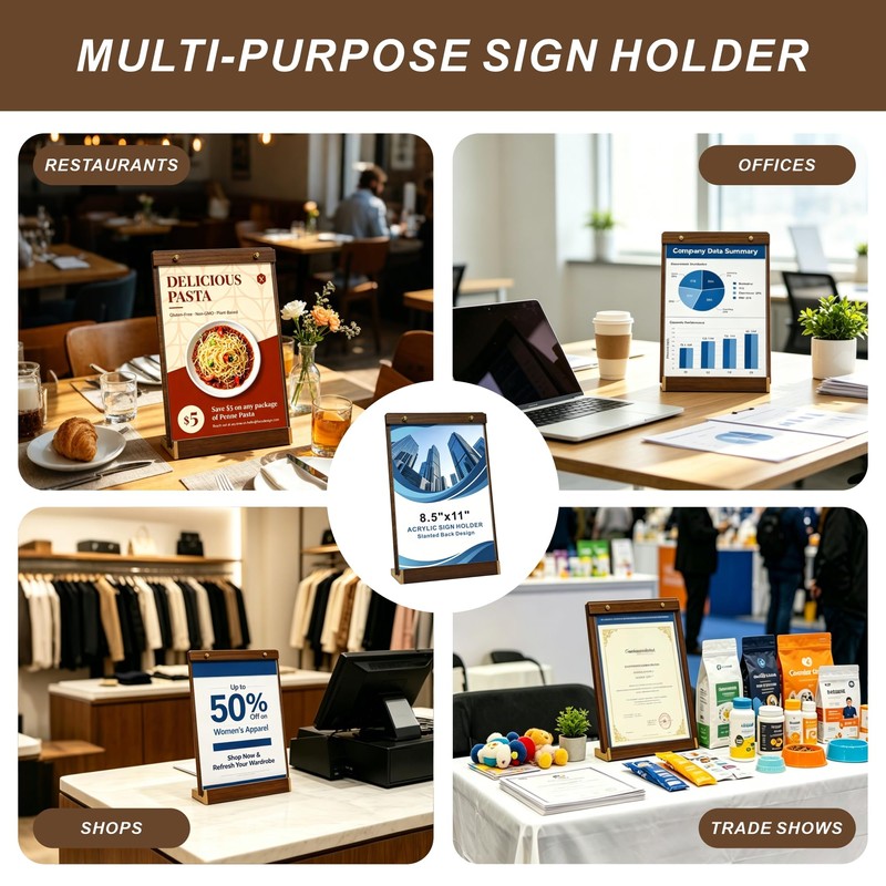 4 Pack 8.5×11 Vertical Tabletop Display Stand with Walnut Base