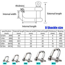Metown Stainless Steel 304 D Shape Shackle 5/32", 1/4", 5/16",3/8", 9/16", for Chains Wirerope Lifting Outdoor Camping Survival Rope Bracelets Or for Heavy Duty Construction,Vehicle Recovery