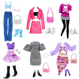 WanderGo Pack of 27 Clothes and Accessories for Dolls, Fashion Doll Clothes, Party Clothes, 6 Pairs of Shoes, 4 Handbags and Jewellery Accessories for 11.5 Inch Girls Dolls