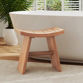 Giantex Teak Wood Shower Bench, Waterproof Shower Stool with Curved Seat for Inside Shower, Spa Bathing Step Foot Rest, Bathroom Stool for Elderly Seniors, Indoor and Outdoor Use, 18" x 13" x 17.5"
