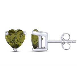 Heart Shape Simulated Green Peridot Stud Earrings In 14K White Gold Over Sterling Silver