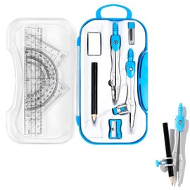 Geometry set, 10 pcs Compass for Geometry, Mathematical Geometry Set, Including - Transparent Box, Protractor Set, Drawing Compass, Ruler, Eraser, Pencil Sharpener, Lead Lead, Drawing Pencil (Blue)