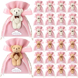 Shinylin 24 Pcs Gift Bags for Baby Shower 5.3 x 7.1 Inch Cute Plush Bear Party Favor Bag Linen Drawstring Bag for Guest Bulk with Bear and Thank You Acrylic Sign for Baby Shower Party Supplies(Pink)