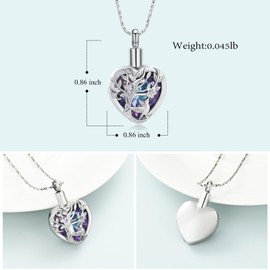 Imrsanl Tree of Life Cremation Jewelry for Ashes Crystal Heart Urn Necklace for Women Men Hummingbird Flower Memorial Pendant Ashes Holder Keepsake (Silver-Purple)
