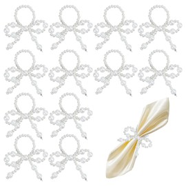 NICENEEDED 12 PCS White Pearl Bow Napkin Rings Set, Imitation Pearl Delicate Bow Napkin Holder, Beaded Serviette Buckles for Wedding Party Dinner Table Decor and Daily Use