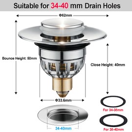 Dekukar Bathroom Basin Plug, Stainless Steel Sink Plugs Bathroom Plug Pop Up Plugs for Wash Basin, Push-Type Sink Plug Replacement Bath Drainer Filter Plug with Bounce Core for 34-40mm Drain Hole