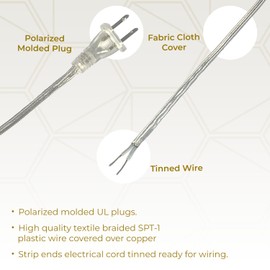 Royal Designs Lamp Cord Molded Plug with Rotary Dimmer Switch, Stripped Ends Ready for Wiring, 8 ft long, Silver, SPT-1 UL Listed