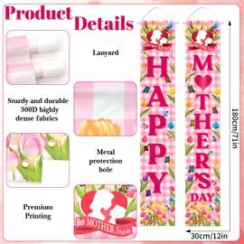 Mother’s Day Door Banner Decorations – Vertical Happy Mother’s Day Hanging Porch Banners with Floral Plaid Design for Front Door, Party, Home, and Spring Celebrations